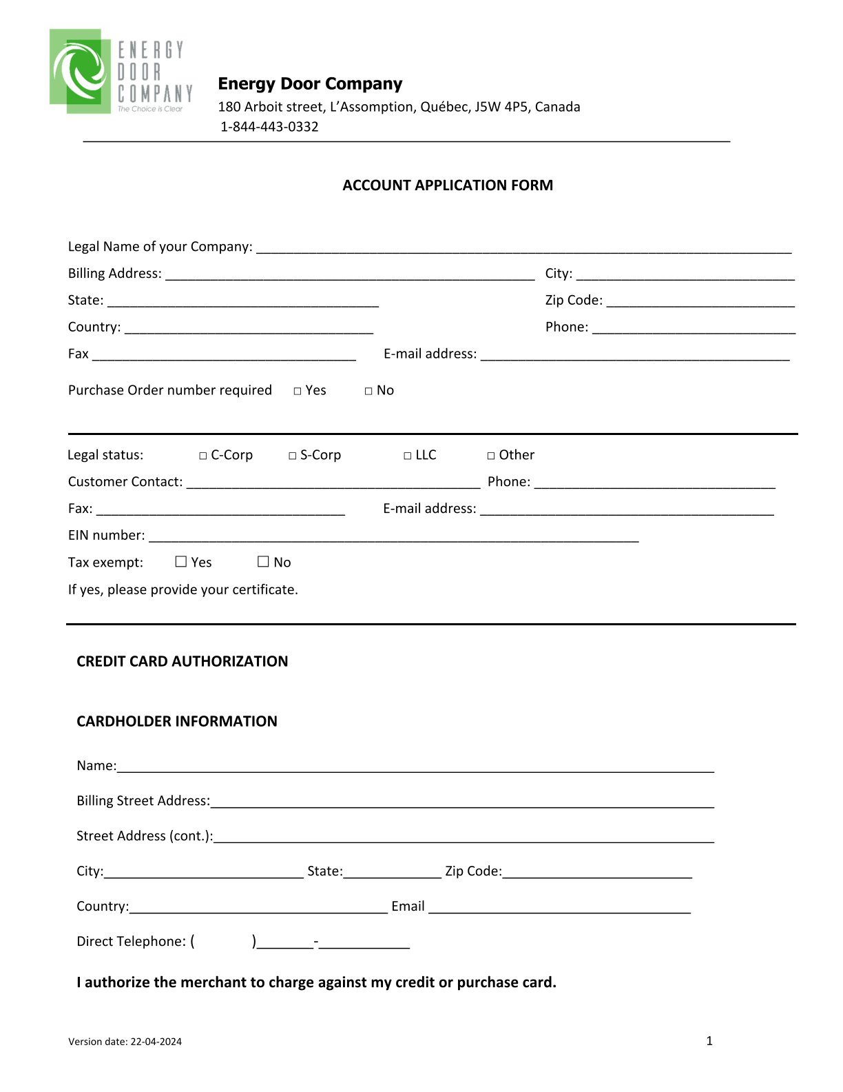 EDC Account Application Credit Card Auth Form
