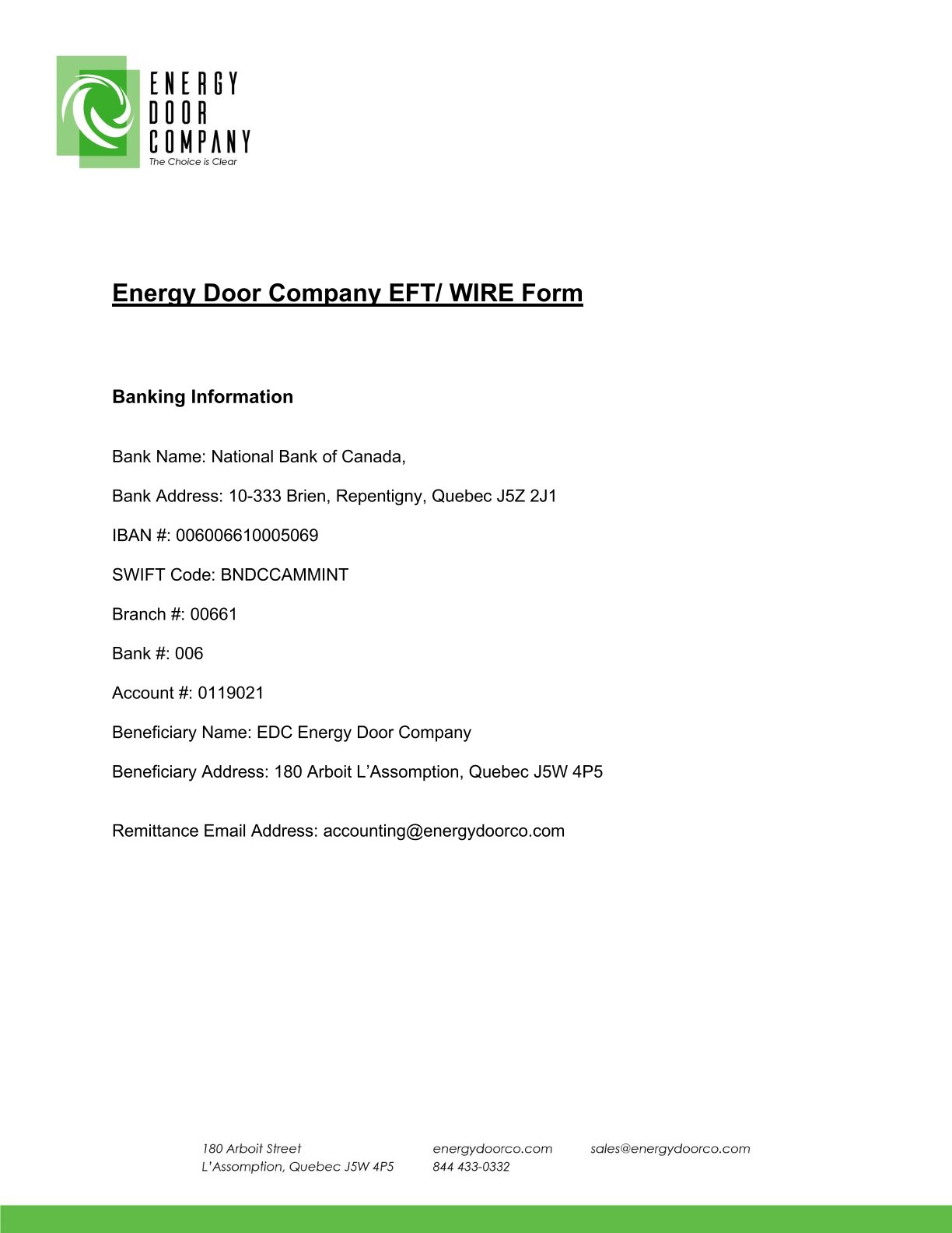 EDC ACH Wire Form Canada